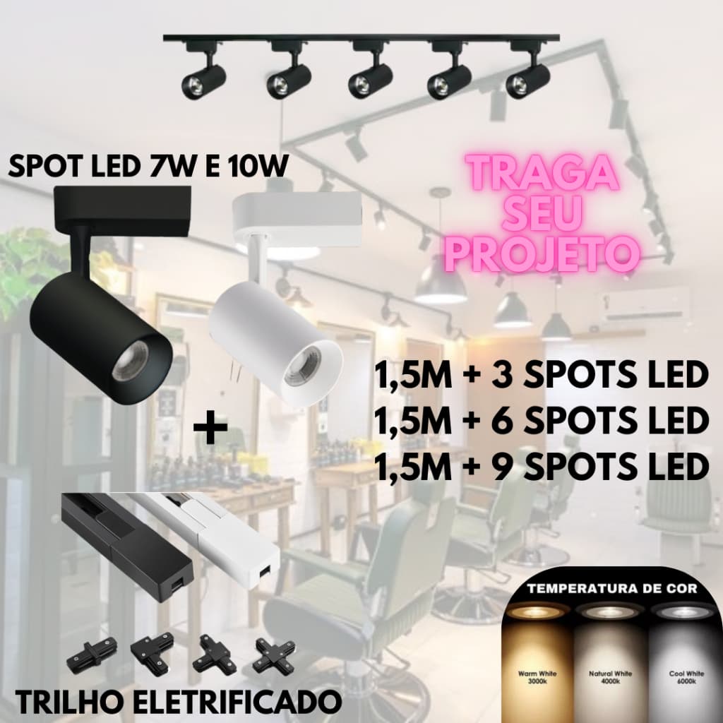 Kit Oferta Trilho Eletrificado Sobrepor 1,5m + Spots Led 7w ou 10w Luminária Direcionável Bivolt