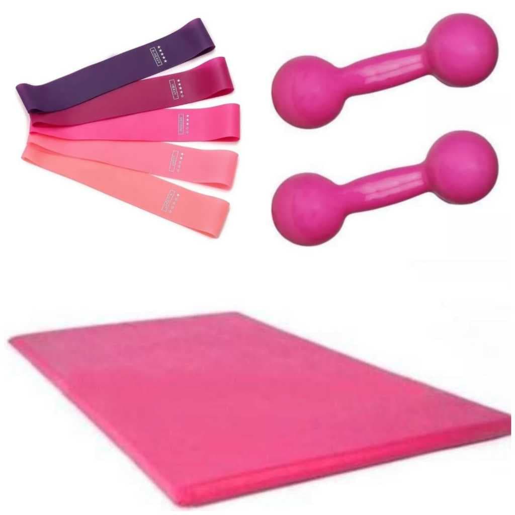 Kit Treino Completo: Halter 1kg Rosa + Colchonete (90x40x3) + Mini Band 5 Níveis