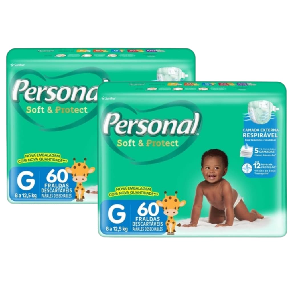Kit 2 Pacotes Fraldas Personal baby Infantil - Personal Hiper - Tam G - Total 120 Tiras