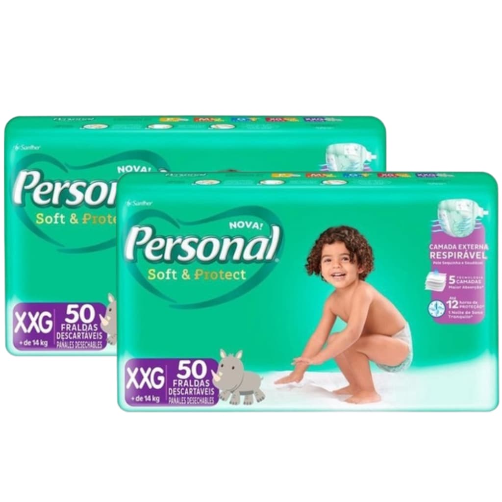 Kit 2 Pacotes de Fraldas Descartável Personal Hiper - Mega Absorção - Tam XXG - Total 100 Tiras