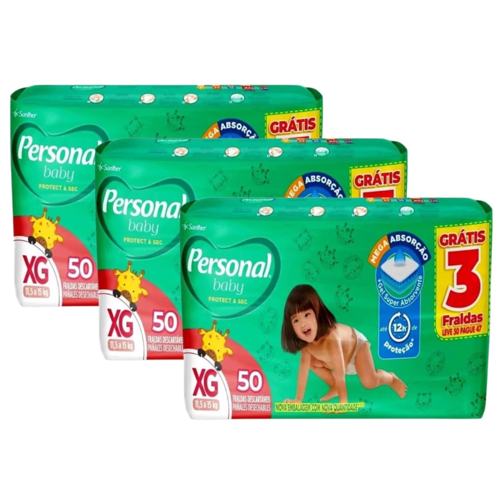 Kit 3 Pacotes Fraldas Descartaveis Personal Baby Hiper - XG 50 cada
