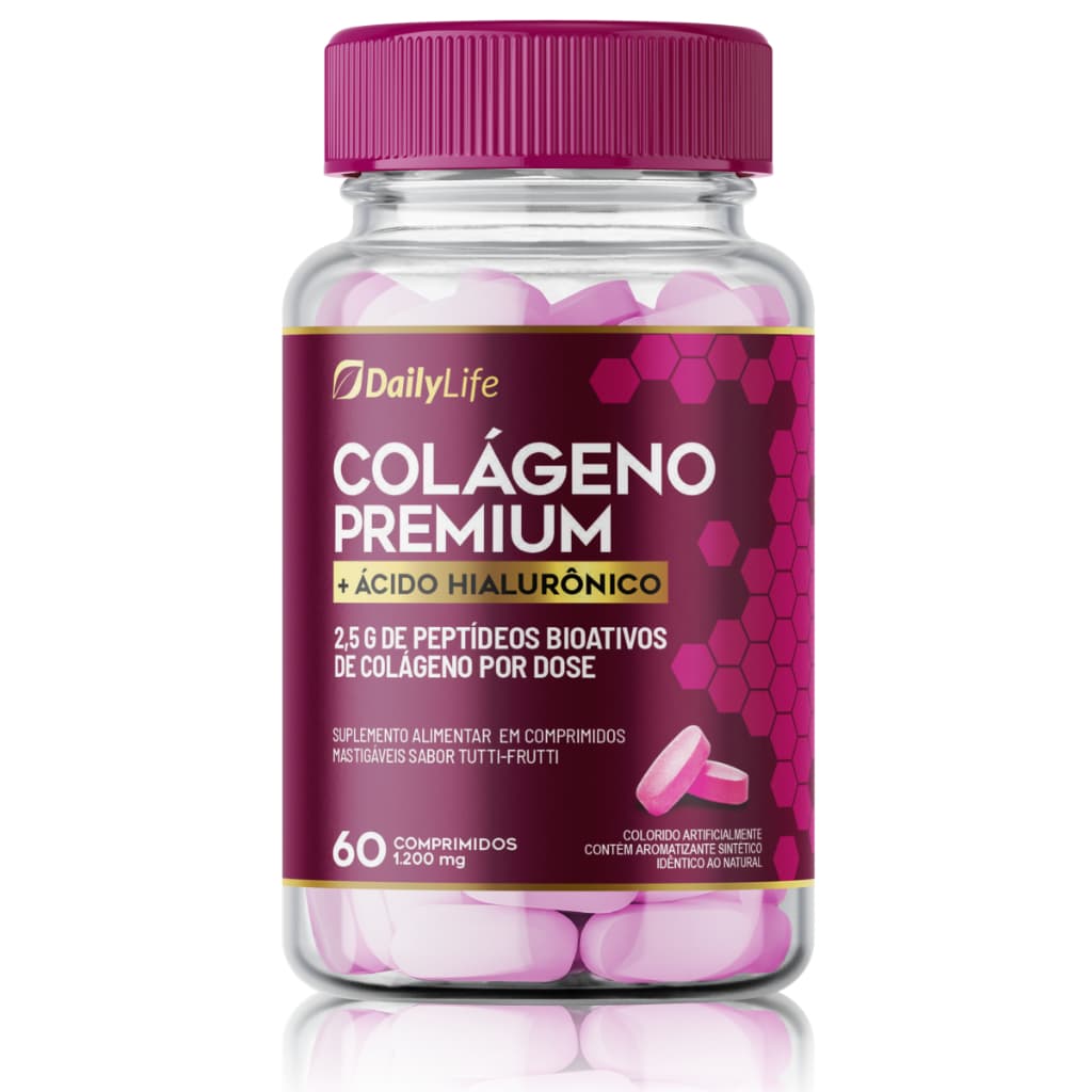 Colágeno Premium com Ácido Hialurônico e Vitamina C 60 Comprimidos 1200mg Sabor Tutti-frutti