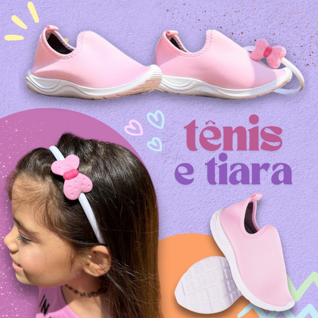 Kit Tênis Meia + Tiara para meninas Presente Confortável Macia Leve Antiderrapante Confortável