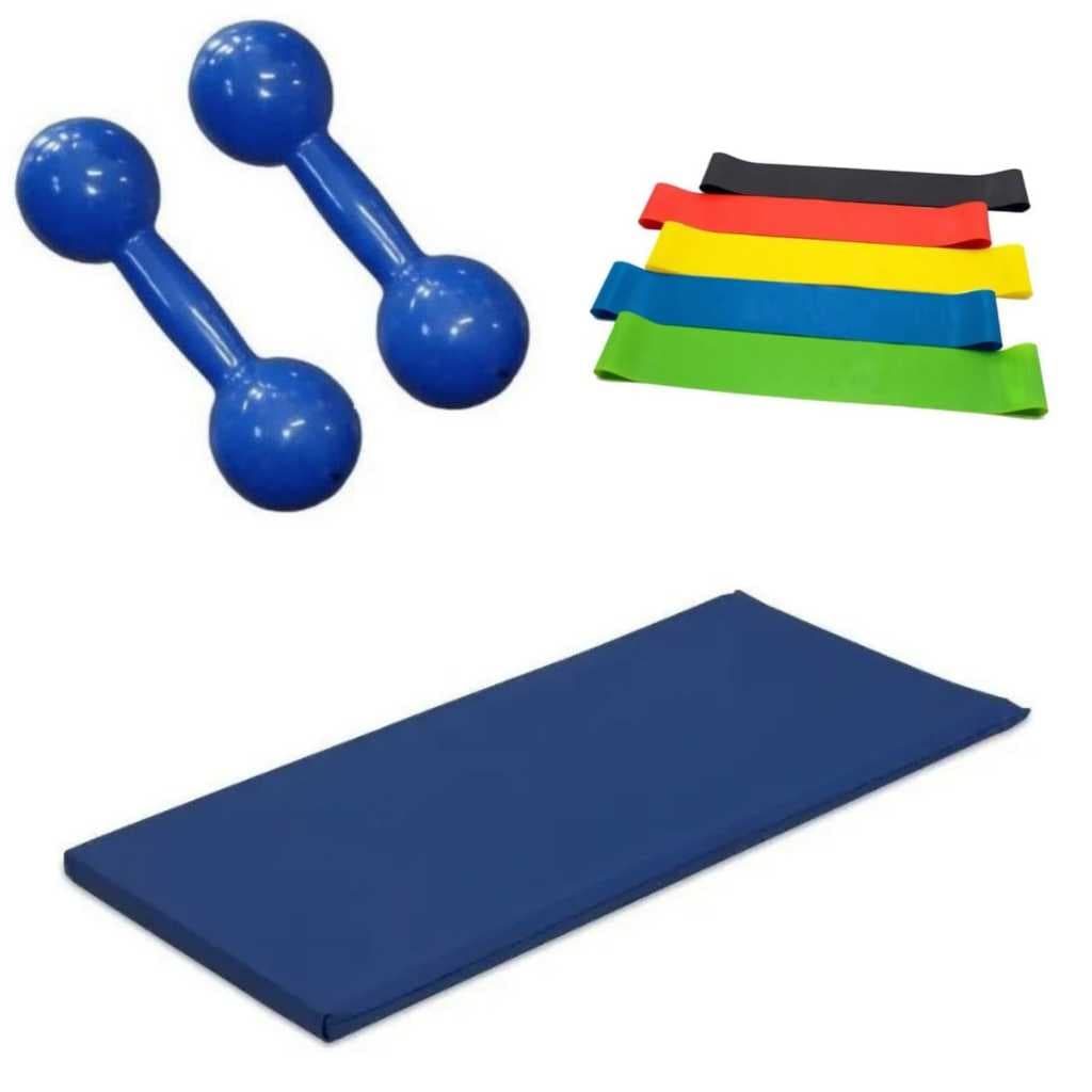 Kit Treino Completo: Halteres 0,5kg Azul + Colchonete + Mini Band