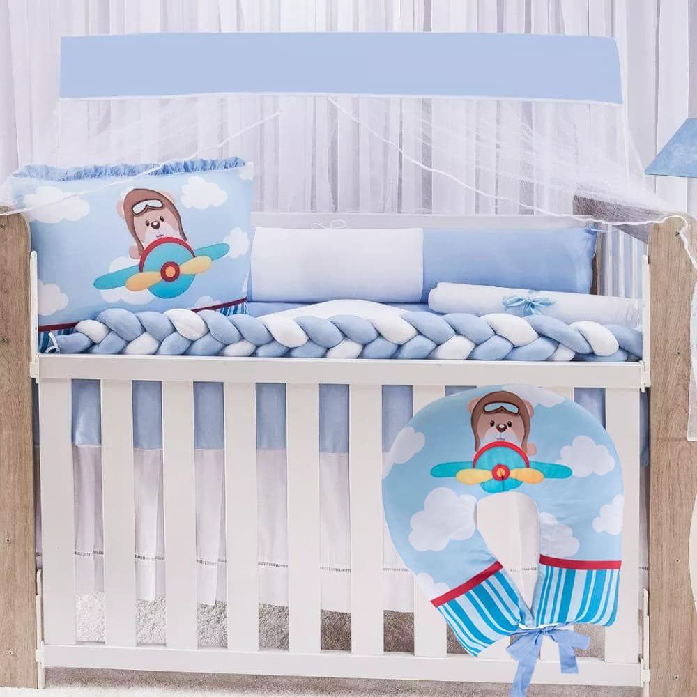 Kit Para Berço Enxoval Bebê Menino Com Trança e Apoio de Amamentar Sublimado 11 Peças