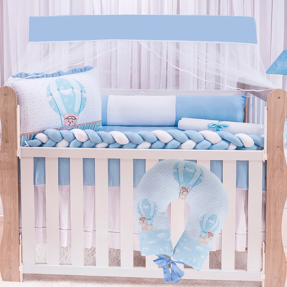 Kit Para Berço Enxoval  Menino Bebê Com Trança e Apoio de Amamentar Sublimado Urso Baloeiro 11 peças