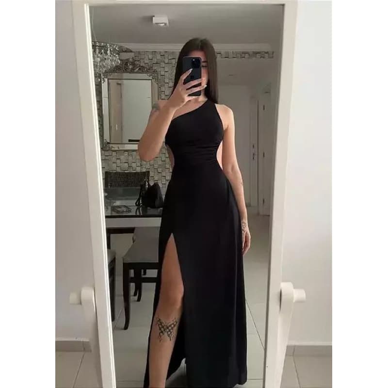Vestido longo de uma alça Fenda na perna tendência para casamento natal, ano novo, reveillon, formatura e festas noite