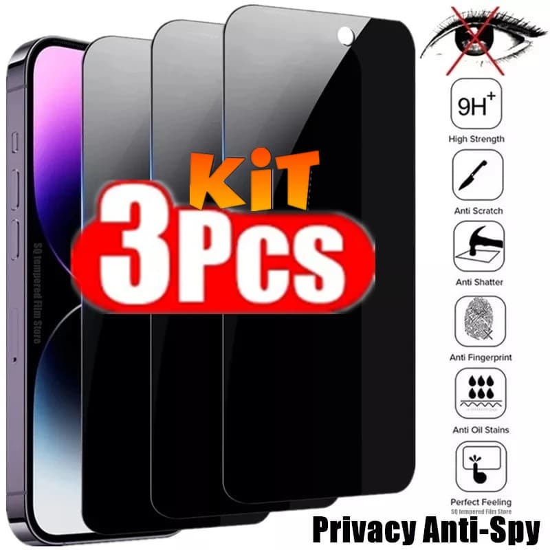 KIT Com 3 Película Privacidade 3D Vidro Anti Spy Para Samsung Galaxy A05/A05s/A06/A16/A07/A17/A57A14/A15/A24/A25/A34/A54