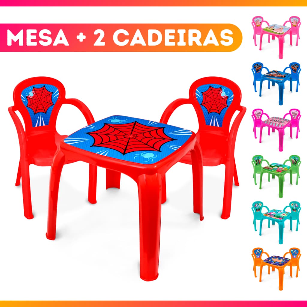 Kit Mesinha Mesa Infantil com 2 Cadeiras Menino Menina Homem Aranha Princesa Baby Shark Carros
