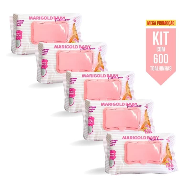Kit Com 5 pacotes de Lenços Umedecidos Marigold Baby Premium 120 Un cada - ROSA EQ.1