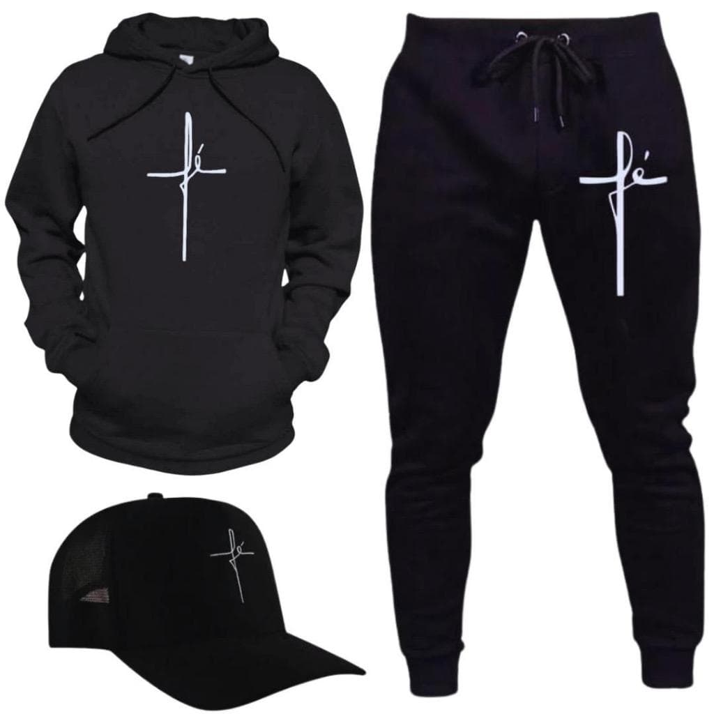 Conjunto Moletom Flanelado Fé Religião Gospel Blusa Calça Boné Unissex Oferta