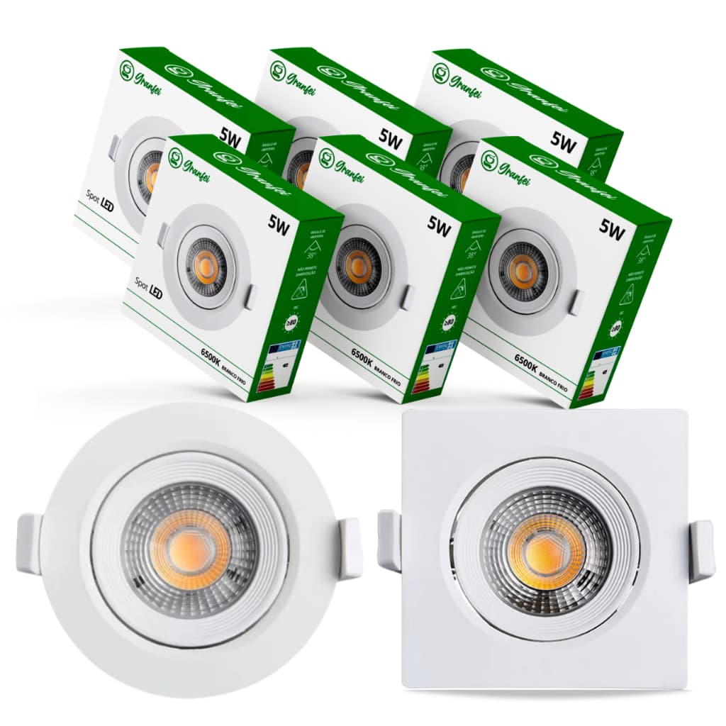 KIT5 Luminárias Spot Led 5w Branco Embutir Direcionável Teto 6500K 3000K UNIFYTECH UNIFY