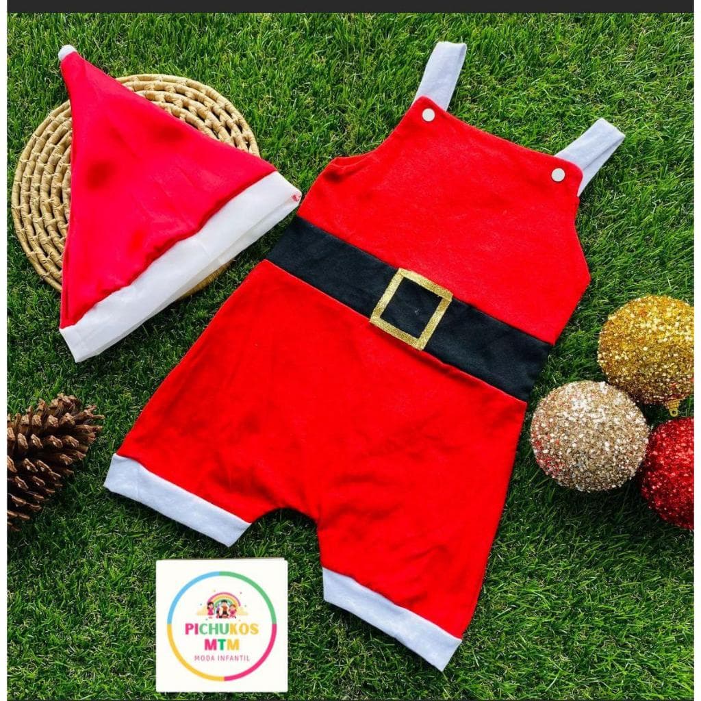 Kit Vestido 2 peças Macacão Bebê Menino/Menina Papai Noel- Roupa para Bebê menino Temático Natal Macacão com gorro