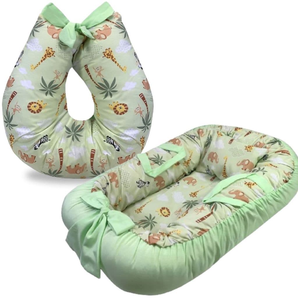 Kit Ninho Redutor Berço Bebe com Almofada Amamentação 2 Peças Enxoval Menina Menino Safari Verde