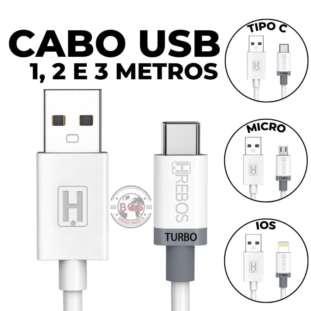 Cabo Carregador USB A Rápido 1 2 3  Metros Hrebos Micro V8 Tipo C Lightning Turbo