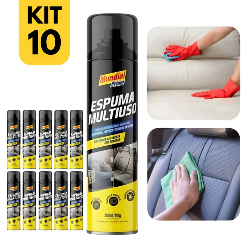 Kit 10 Espuma Multiuso Limpeza Automotiva Limpa Estofados Carro 300 ML Mundial Prime