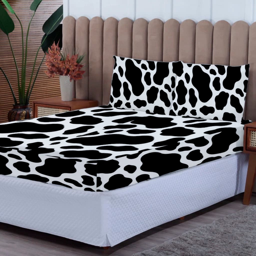 Jogo de Lençol Vaquinha Estampada Cama Casal Solteiro Queen - Estampa de Vaquinha