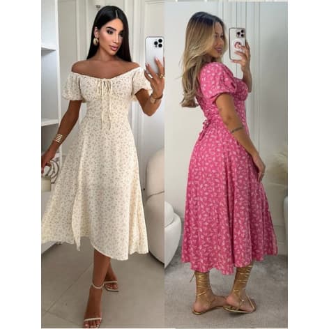 0 Vestido Mídi Romântico Estampado  Floral com Manguinha e Elastex Cruzado Costa Moda 2026