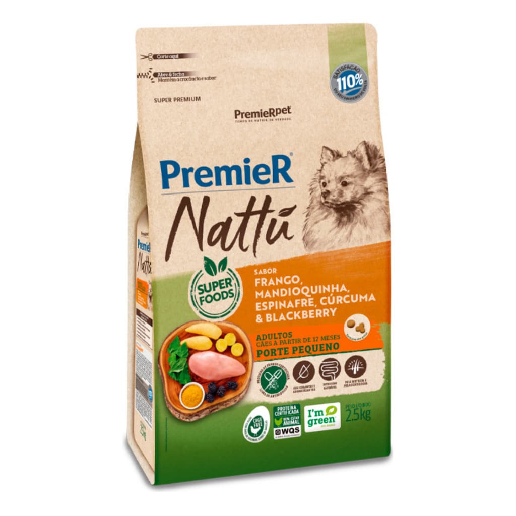 Ração Premier Nattu Cães Adultos Pequeno Porte Sabor Frango, Mandioquinha, Espinafre, Cúrcuma e Blackberry 2,5kg
