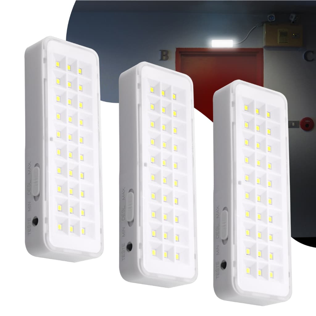 Kit 3 Luminária de Emergência Bateria Recarregável 30 leds Lâmpada Luz Branco Frio Bivolt 110v 220v