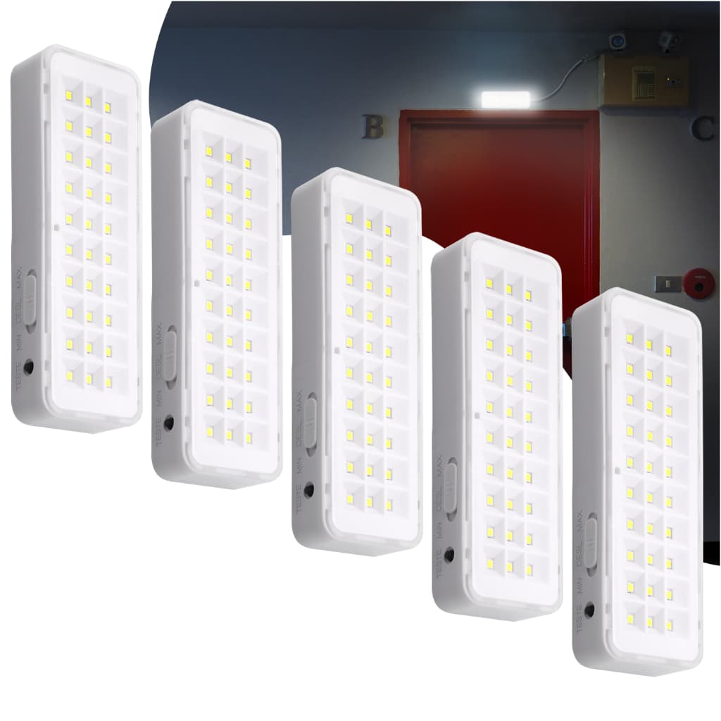 Kit 5 Luminária de Emergência Bateria Recarregável 30 leds Lâmpada Luz Branco Frio Bivolt 110v 220v