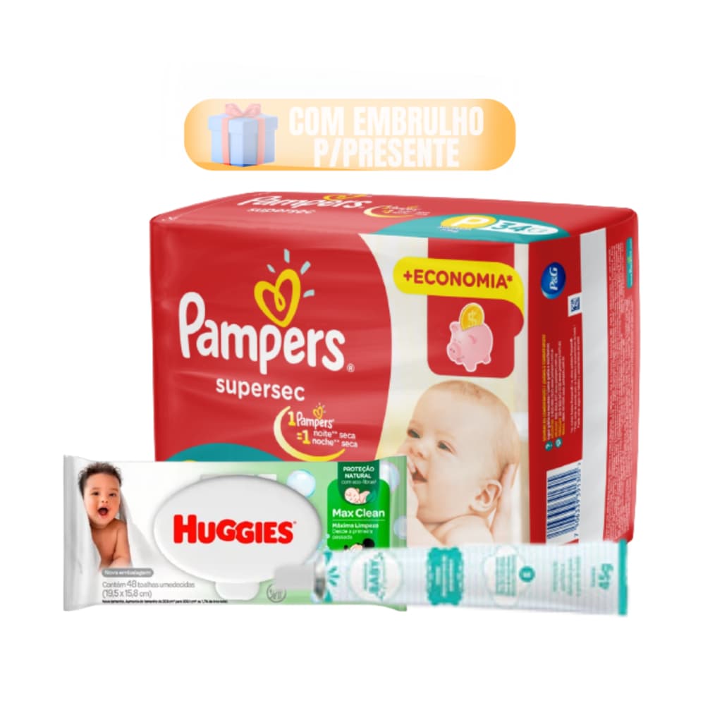 Kit Enxoval Higiene Presente Bebe com Fralda Pampers Lenço Umedecido Huggies E Pomada Assadura