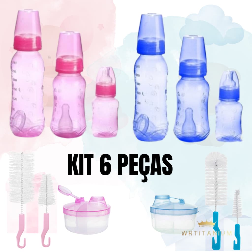 Kit 6 Peças Para Bebê 3 Mamadeiras + 1 Pote Porta Leite em Pó 150ml + 2 Escovas Limpeza Mamadeira