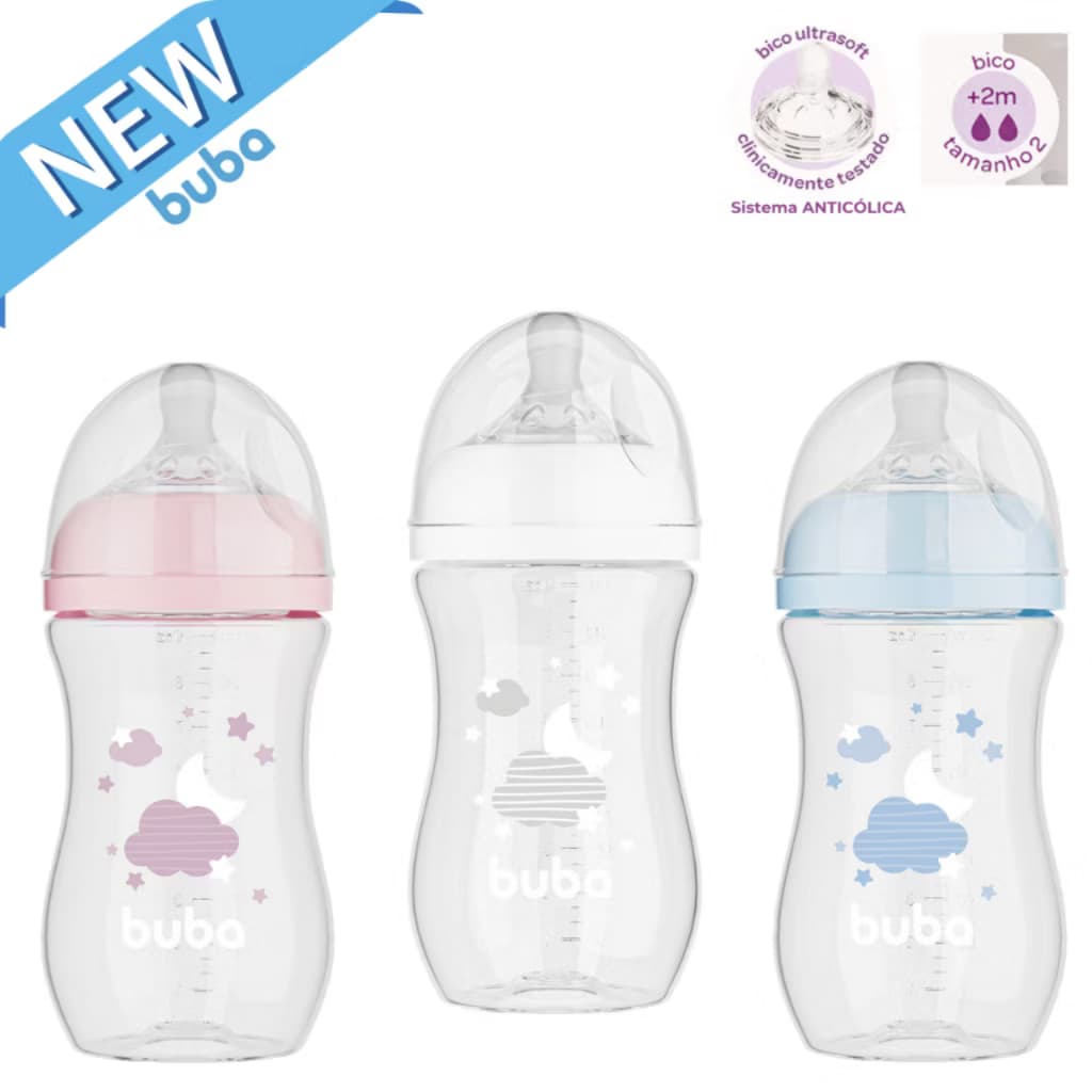 Mamadeira Easy Flow 270ML Buba C/ Bico Fluxo 2Incluso Silicone Ultrasoft Anti Vazamento AntiCólica para Bebê