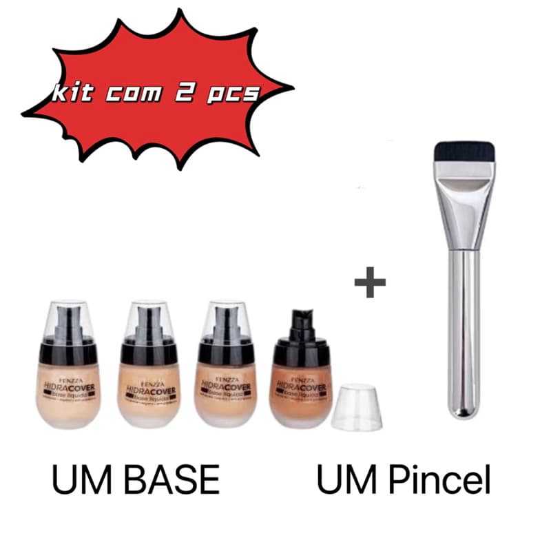 Um Base líquida Hidra Cover Fenzza Vegana+ Um pincel de maquiagem para base