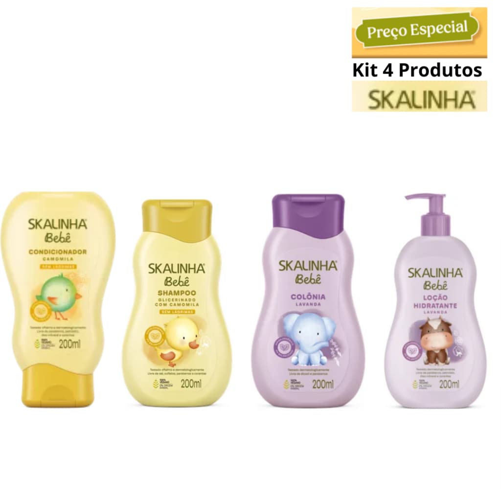 Kit 04 itens Skalinha Bebê 200ml Shampoo + Condicionador + Colônia + Loção Hidratante 200 ml cada