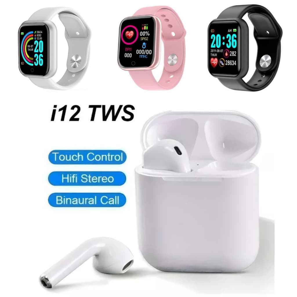 Kit Relógio Smartwatch D20 Y68 + Fone Sem Fio I12 Bluetooth