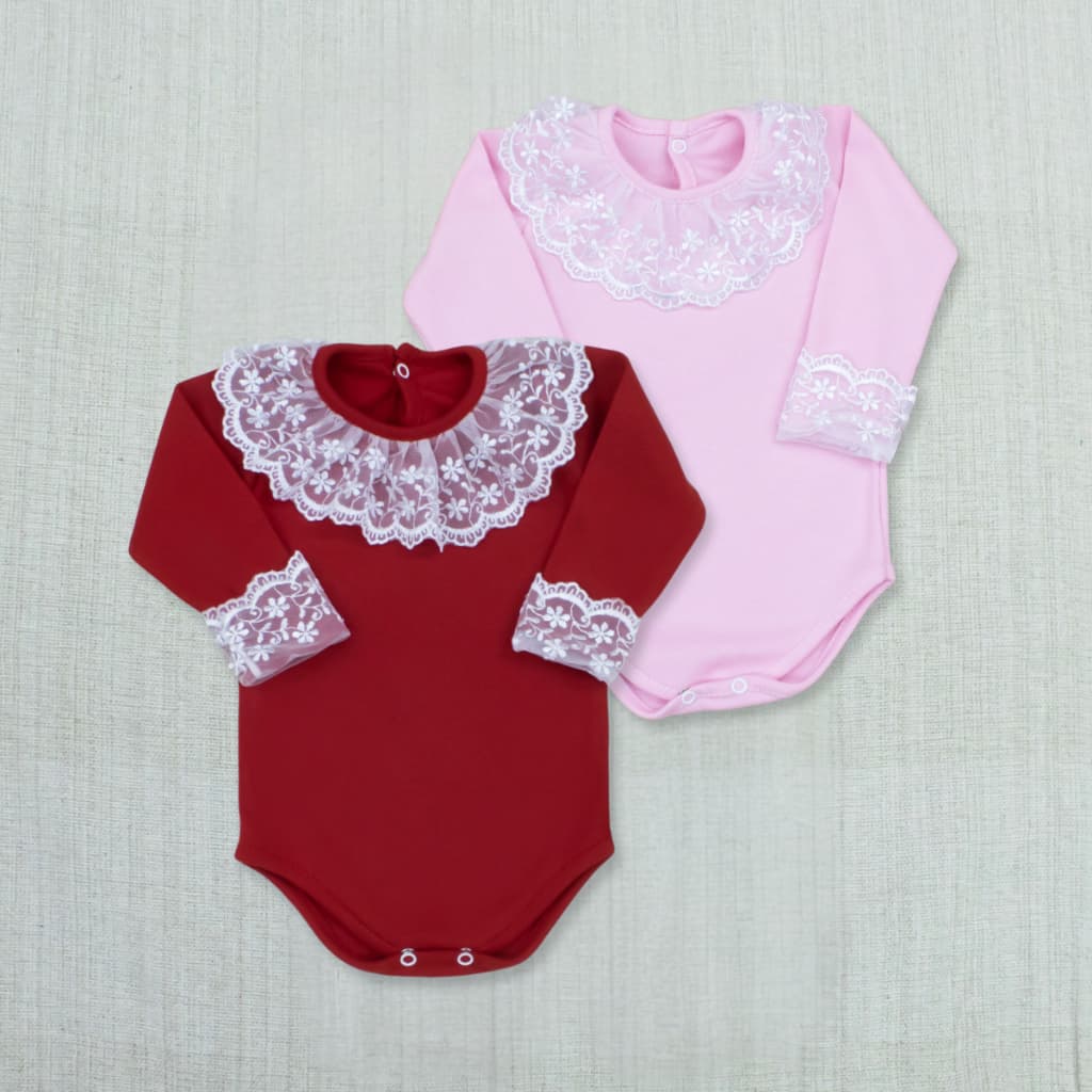 Kit Body Bebê Menina 02 Peças 100% Algodão Rosa e Vermelho Body Bebe Menina com Renda Delicado Luxo