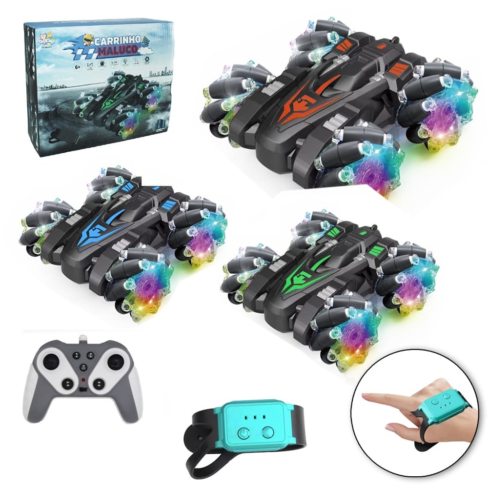 CARRO COM CONTROLE REMOTO SEM FIO CARRINHO MALUCO COM PULSEIRA + SOM E LUZ A BATERIA RECARREGAVEL