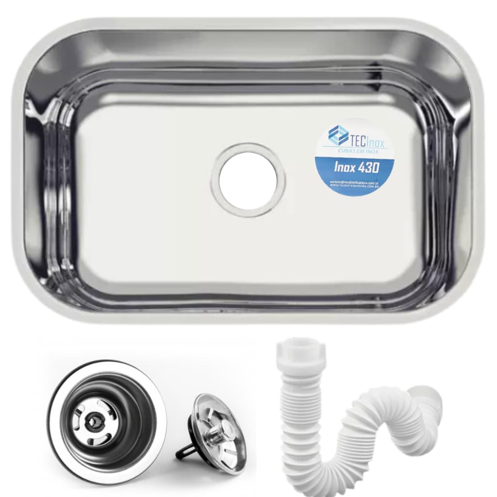 Cuba de Embutir Pia Cozinha Inox 430 Retangular 47x30x14 Kit Completo Válvula Sifão Anticorrosiva Alto Brilho