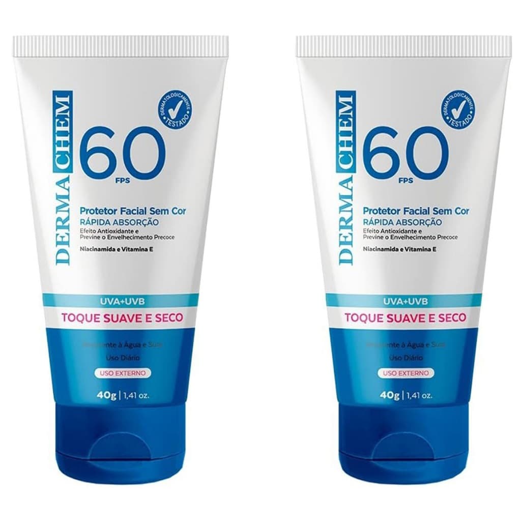 Kit 2 Protetor Solar Facial FPS 60 UVA+UVB Dermachem 40g