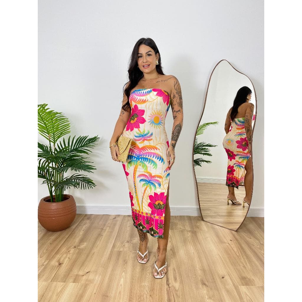 VESTIDO HADASSA - vestido feminino sem alça estampado  flores tomara que caia com fenda lateral tendencia