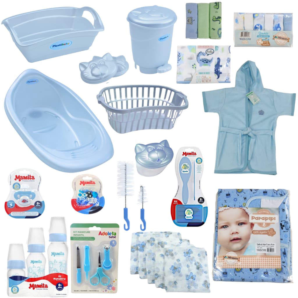 Kit Banheira C/ Enxoval de Bebê + Mamadeira + Lixeira + Chupeta + Prendedor + Cesto roupas + Kit Higiene + Toalha