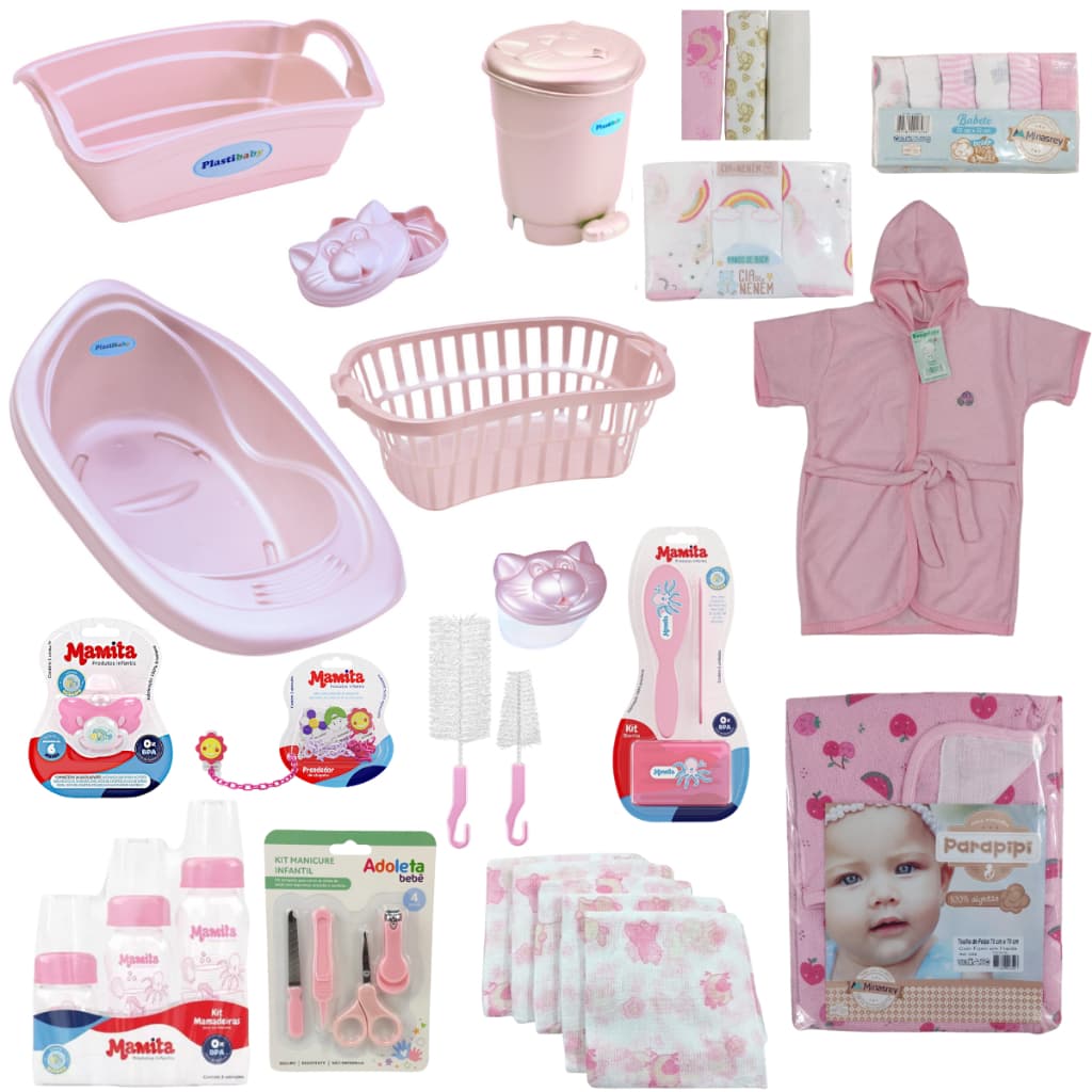 Kit Banheira de Bebê Com Válvula de Escape Chupeta Prendedor + Mamadeira e Vários Itens Para o seu Enxoval - Rosa Menina