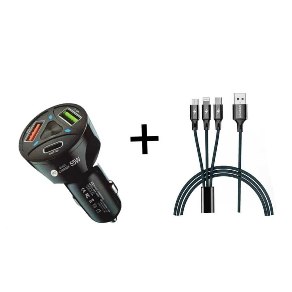 Carregador Veicular Turbo + Cabo 3 em 1 Lightning - TIPO-C V8 1,2 Metros Carregador Veicular e Cabo