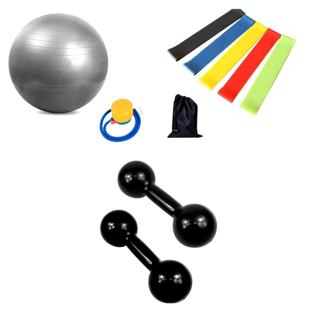Kit Treino Completo: Bola Pilates 55cm + Halteres 1kg Preto + Mini Band