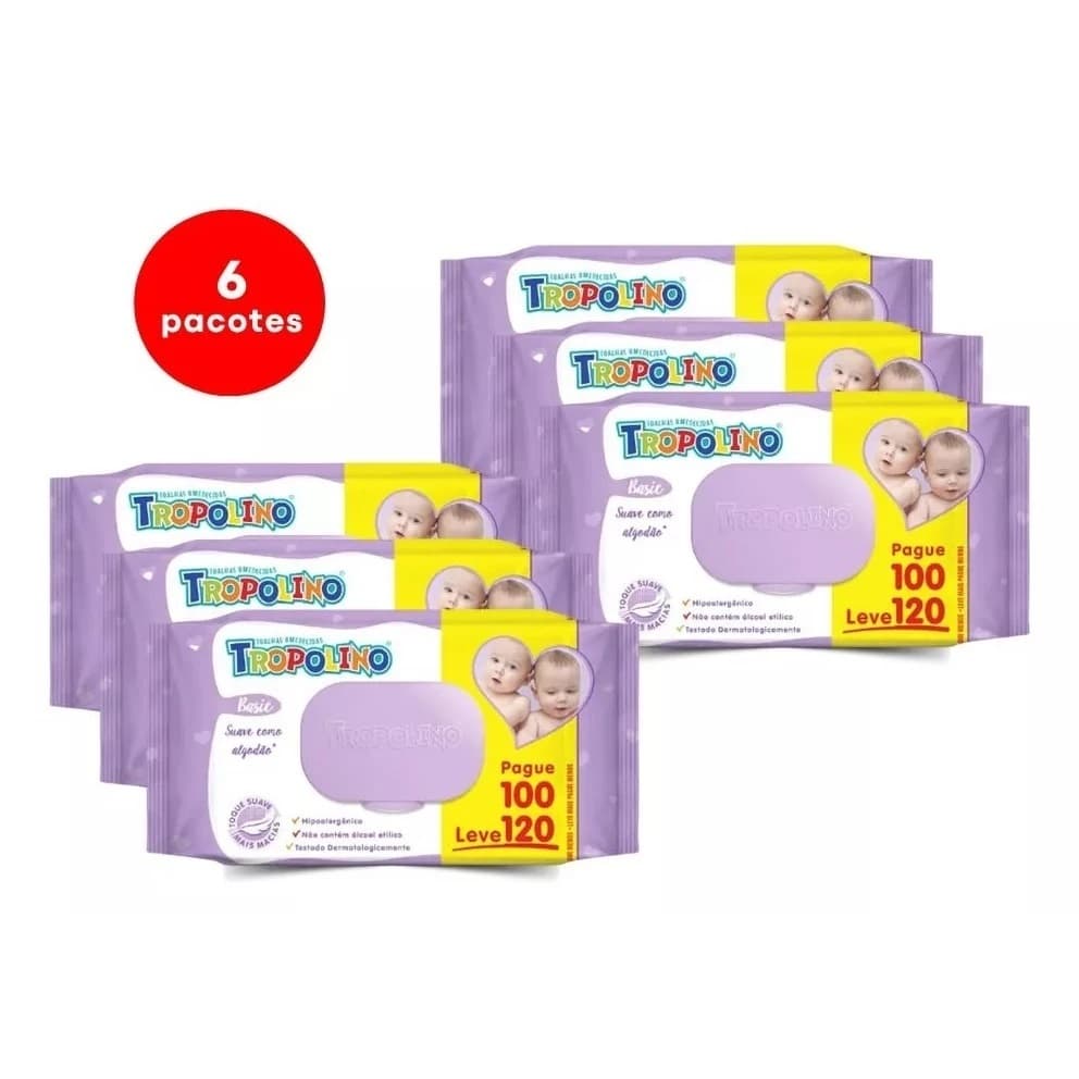 Kit 6 Pacotes Lenço Umedecido Toalha Umedecida Textura Macia Suave Lenços Tropolino