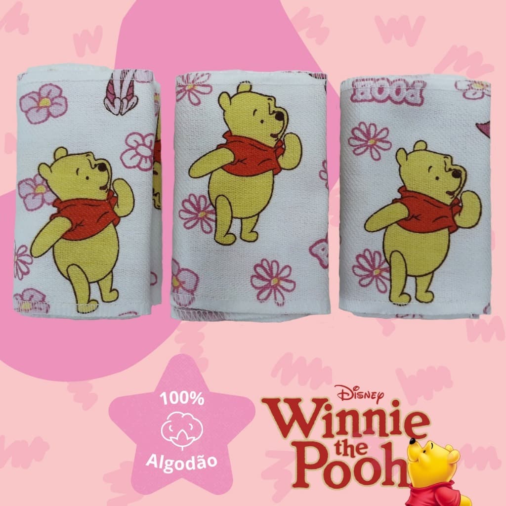 Faixa Umbilical 3 Peças Ursinho Pooh Tecido para Bebê Recém Nascido Grande 10x80cm Flanelado e Super Macio