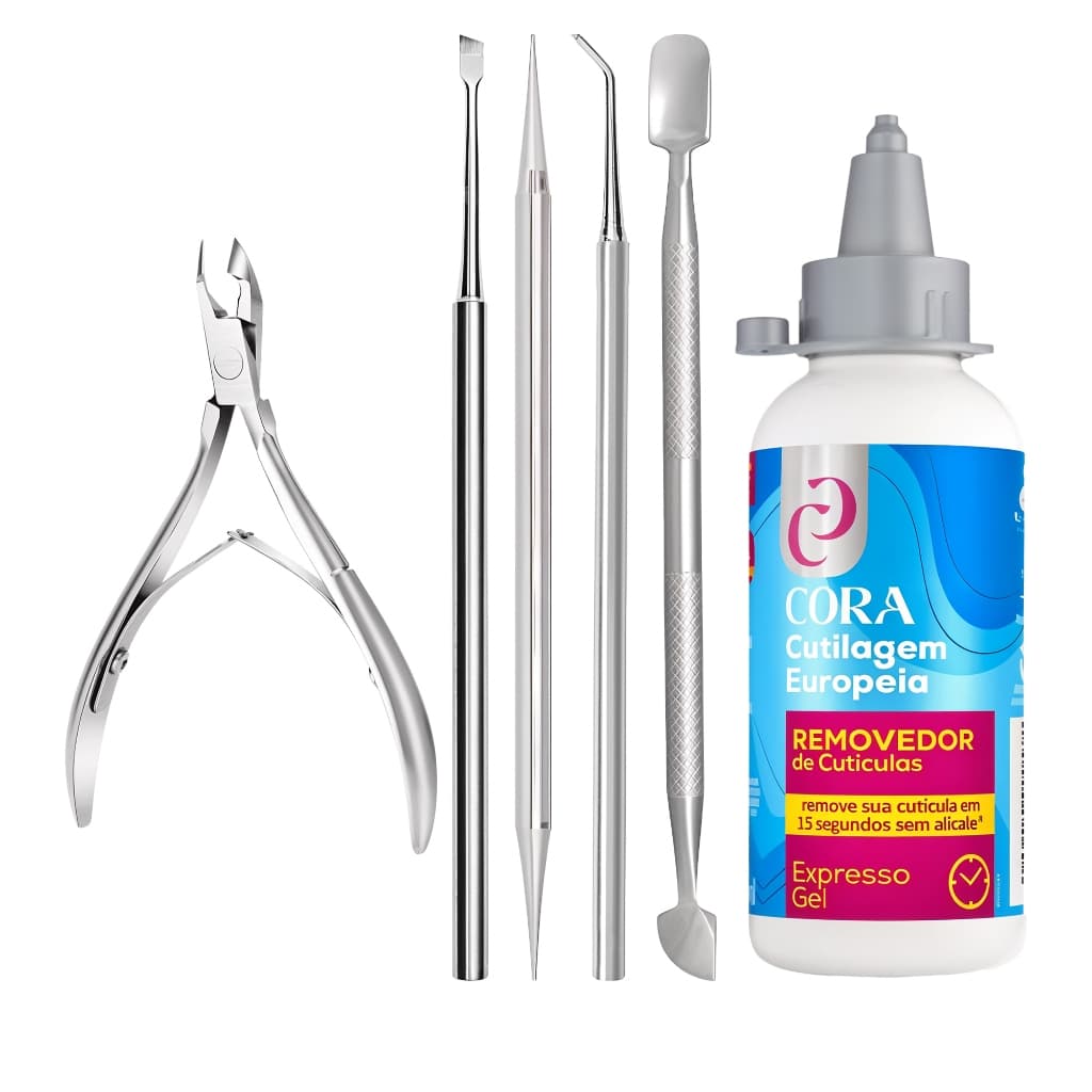Kit 6 Peças Completo Manicure Profissional Removedor Cora Alicate Cutícula Unha + Instrumentos Inox