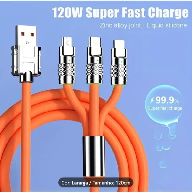 Cabo De Carregamento De Liga De Zinco 3 Em 1 Super Rápido Para Cabos Micro USB Type C IOS (4706)