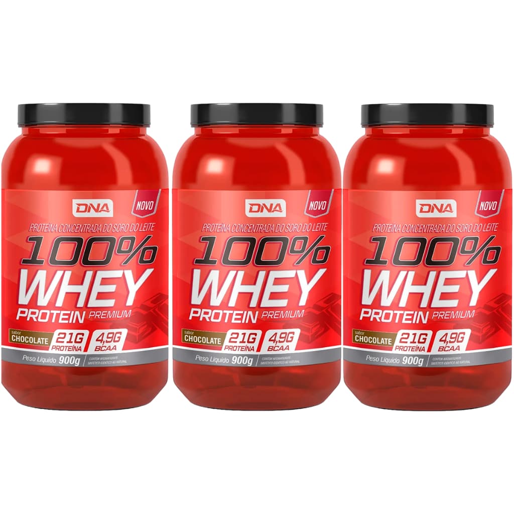 3x 100% Whey Protein 908g Sabor Chocolate - Dna Suplementos