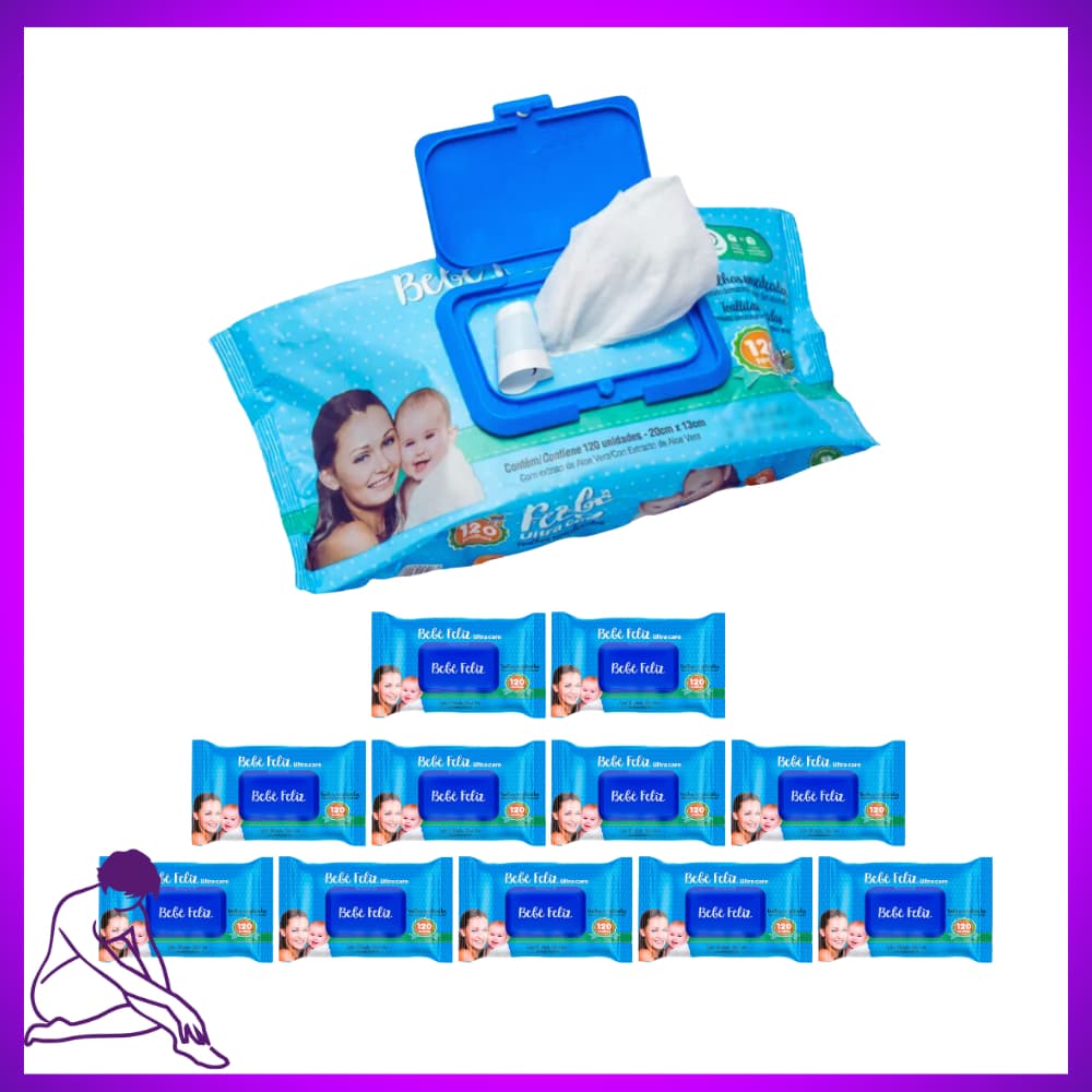 KIT 12 Toalhas Umedecidas Bebê Feliz 120 folhas Lenço Umedecido