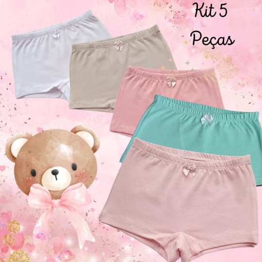 Kit 5 Calcinhas Shorts Shortinhos Boxer Box Cores Lisas Neutras Tapa Fralda Cueca Menina Confotavel