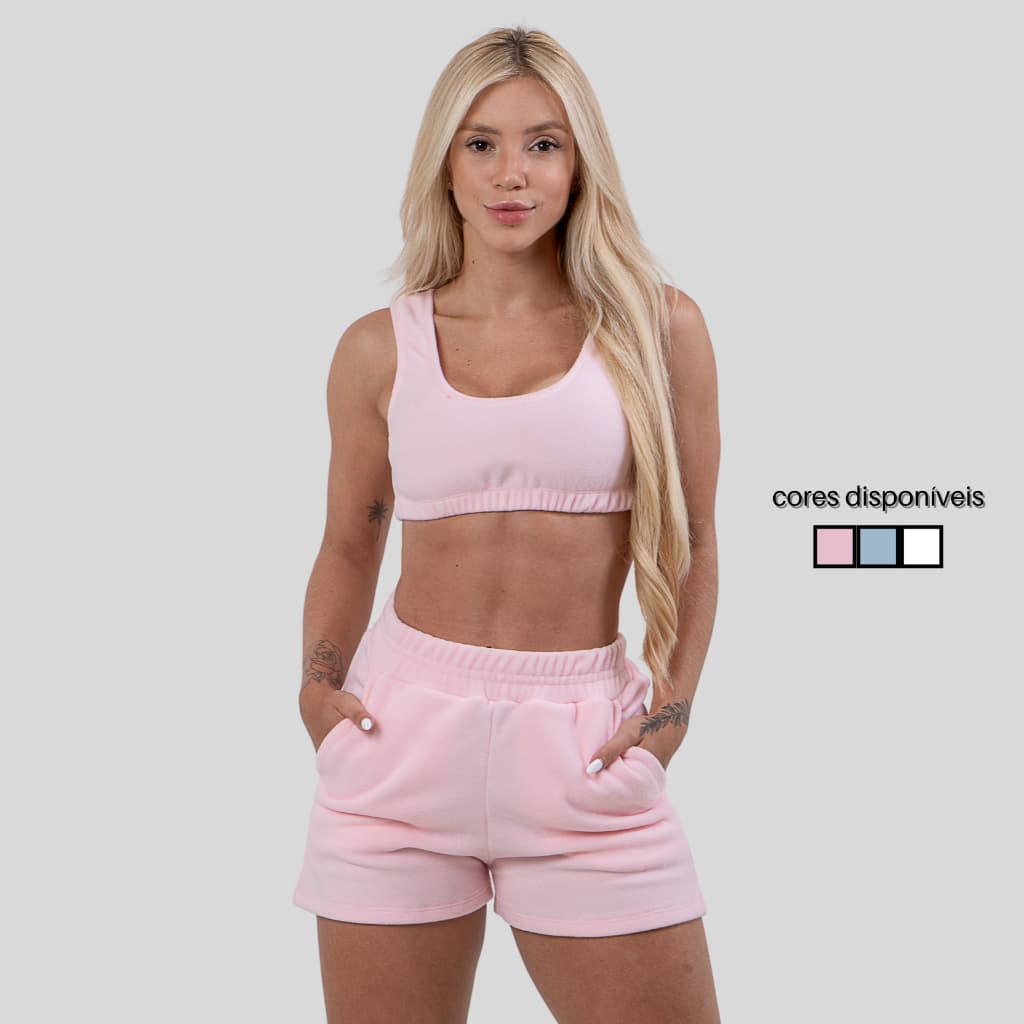 Conjunto Soft Moletom Short e Cropped Feminino Curto Linha Noite