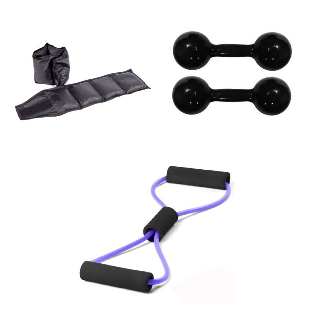 Kit Treino Completo Profissional: Extensor + Caneleira 0,5kg + Halteres 1kg Pretos para Crossfit