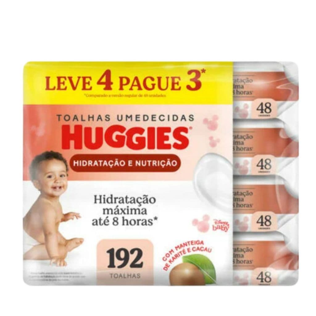 Kit Lenços Umedecidos leve 4 pague 3 Huggies Hidratação e Nutrição  Manteiga de Karité - 4 pacotes 192 lenços